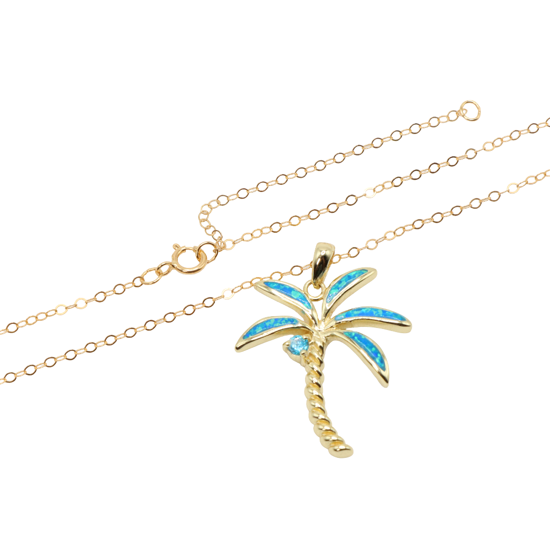 Beaux Bijoux Palm Tree Pendant Necklace - Blue Or White Opal Heart, Sterling Silver 14k Gold/Rose Gold Plated, 18" Chain