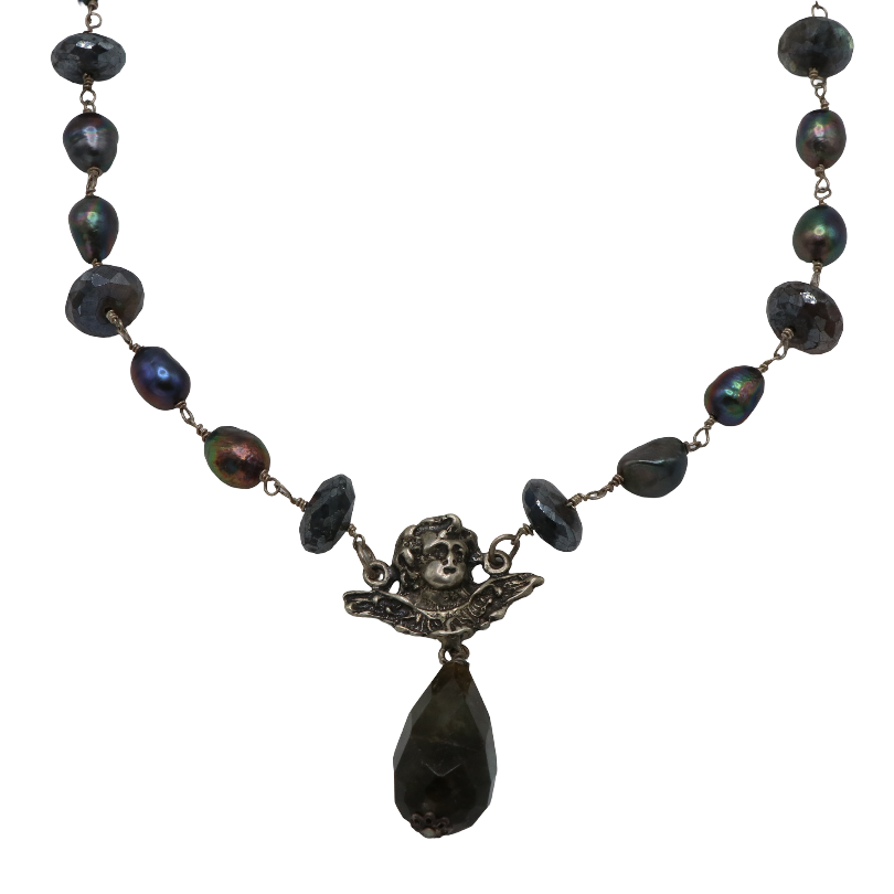 Labradorite & Peacock Pearl Angel Drop Necklace