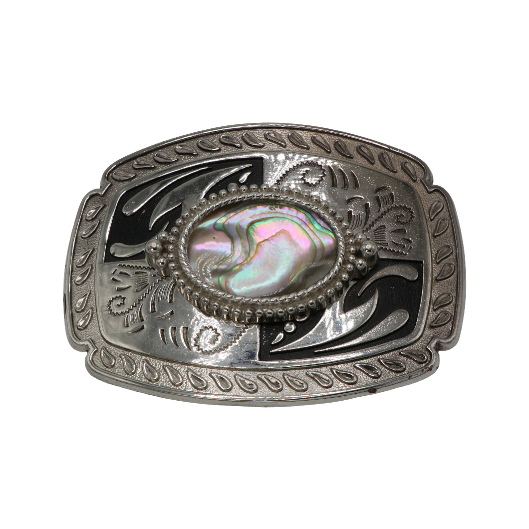 Large Silver & Black Abalone Inlay Belt Buckle